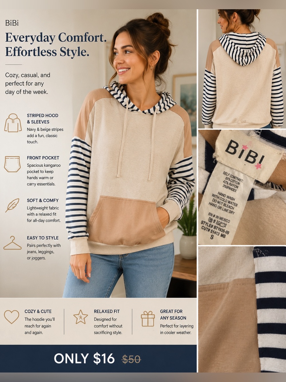 BiBi Beige & Navy Striped Hoodie Standard S